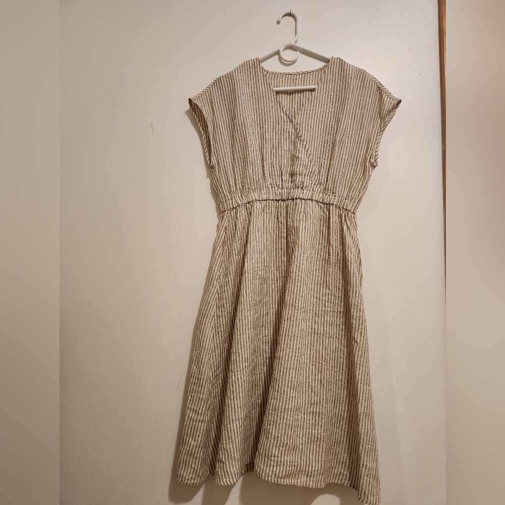 linen crossover neck midi dress